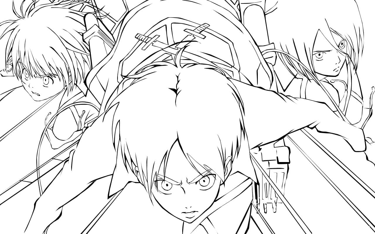 Armin, Eren és Mikasa színező Armin, Eren és Mikasa