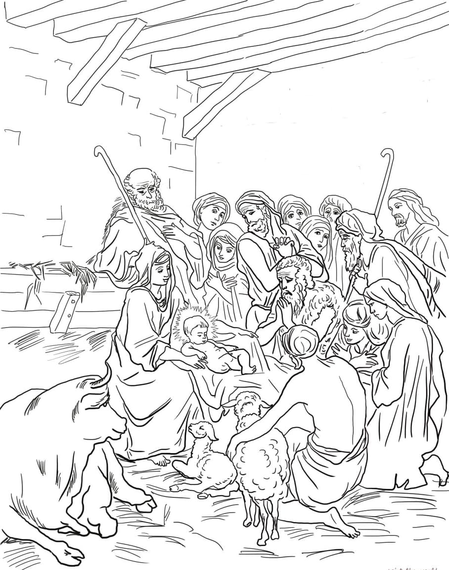 Betlehemi jelenet a szent családdal, bojtárokkal és állatokkal