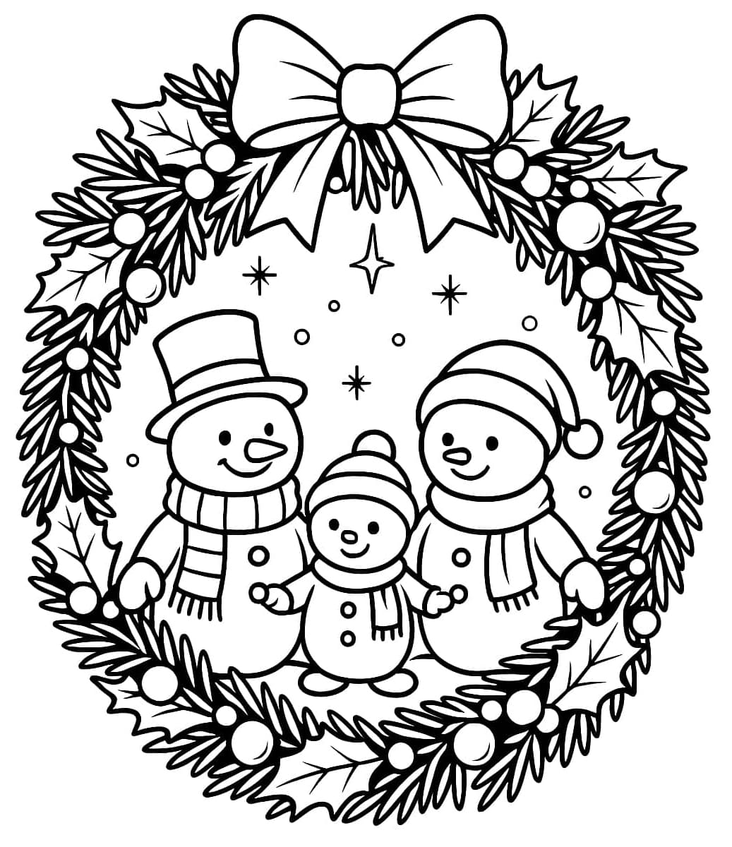 Három hóember család karácsonyi koszorúban