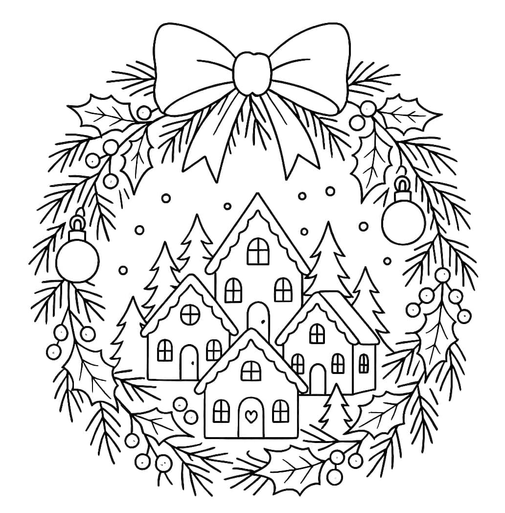 Hóval borított házak és karácsonyi koszorú
