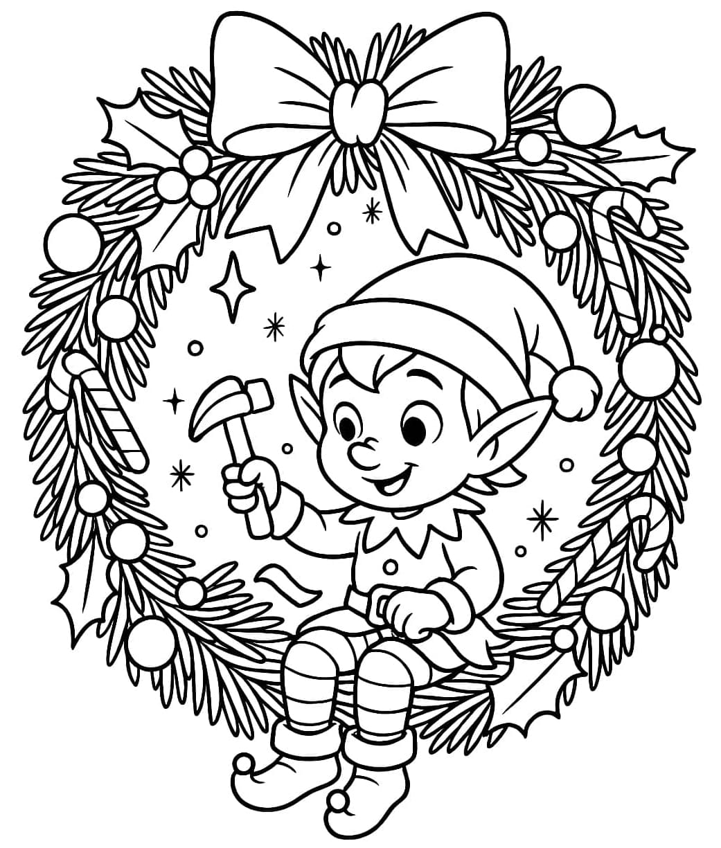 Karácsonyi manó ül Karácsonyi koszorú